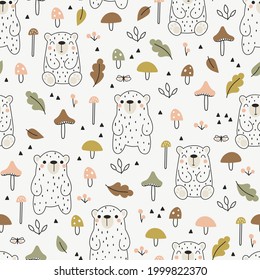 Cute seamless pattern with bears mushrooms leaves and berries on the light background. Hand drawn vector illustration for kids in scandinavian style.