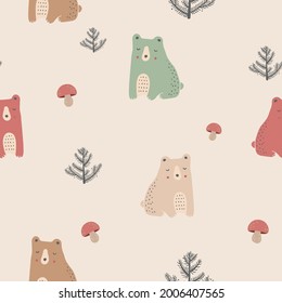 Cute seamless pattern with bears, mushrooms and trees. Hand drawn vector illustration.