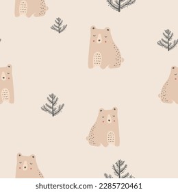 Cute seamless pattern with bears, mushrooms and trees. Hand drawn vector illustration.