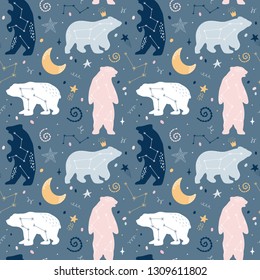 Cute seamless pattern with bears on the sky. Constellations, stars. Vector illustration. Children's background. Approach for printing on wallpaper, textile, fabric, paper.