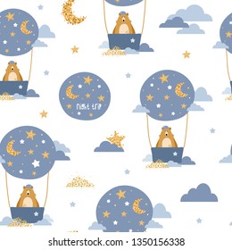 Cute seamless pattern with bears on air balloons. Creative vector childish background for fabric, textile. Night trip.