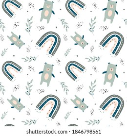 Cute seamless pattern with bears and rainbow. Scandinavian style background. Creative kids texture for fabric, wrapping, textile, wallpaper, apparel. Vector illustration for kids design