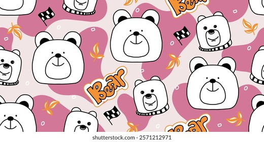 Cute seamless pattern with bears, snowflake and leaves. funny bear pattern.