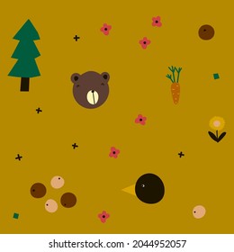 Cute seamless pattern with bears,flowers, tree,carrot,berries. Good for kids fabric, fashion textile, nursery wallpaper. Stylish minimalistic abstract pattern.