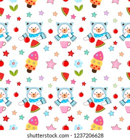 Cute Seamless Pattern, Cute Bear,stars,watermelon,cute cup