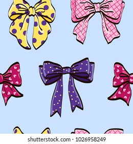 Cute seamless pattern with beautiful hand drawn bows. Vector doodle illustration.  Cloth design, wallpaper, wrapping.