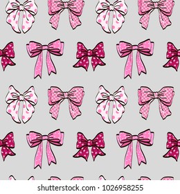 Cute seamless pattern with beautiful hand drawn bows. Vector doodle illustration.  Cloth design, wallpaper, wrapping.