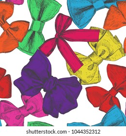 Cute seamless pattern with beautiful hand drawn bows. Vector doodle illustration. Cloth design, wallpaper, wrapping.