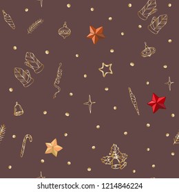Cute seamless pattern with beautiful hand drawn stars and gold winter elements. Vector doodle illustration. Cloth design, wallpaper, wrapping