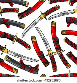 cute seamless pattern of beautiful Japanese katana. hand-drawn illustration
