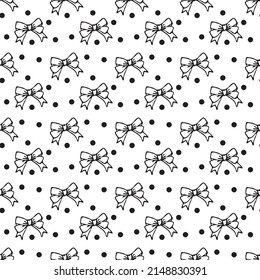 Cute seamless pattern with beautiful outline hand drawn bows with black dots on white background. Vector doodle illustration. Cloth design, wallpaper, wrapping, fabric, textile.