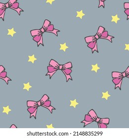 Cute seamless pattern with beautiful pink bows with stars on a background. vector doodles. For fabric design, wallpaper, packaging, fabric, textile