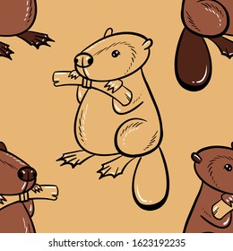 Cute seamless pattern with beaver and logs. Hand draw cartoon illustration.