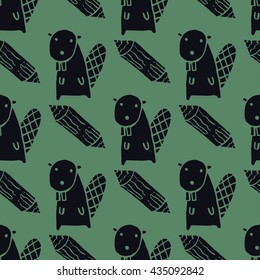 Cute seamless pattern with beaver and logs