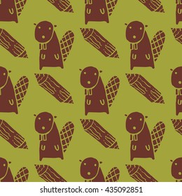 Cute seamless pattern with beaver and logs