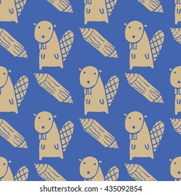 Cute seamless pattern with beaver and logs