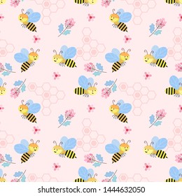 Cute seamless pattern with bee and flowers background texture wallpaper.