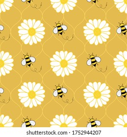 Cute seamless pattern with bee and flowers on wavy texture orange background