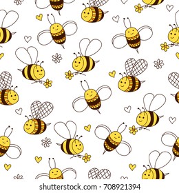 Cute seamless pattern with bee, flowers and hearts. Vector white background. 