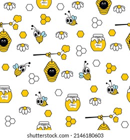 Cute seamless pattern with bees, beehives and daisies