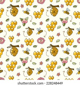 Cute seamless pattern with bees, honey, flowers and beehive. Honey bees in a honeycomb.