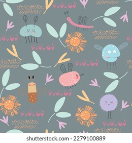 Cute seamless pattern with beetles. Vector background can be used for wallpaper, pattern, textile, web design, surface texture.