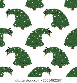 Cute seamless pattern with bended Christmas tree and a black cat. Background, wallpaper, wrapping paper, fabric, packaging template.