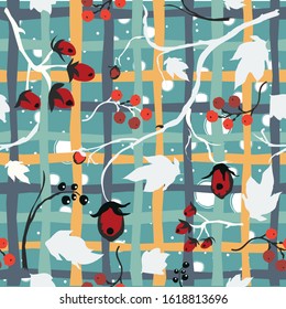 Cute Seamless Pattern with berries and plants. Great for Wall Art, t-shirts, cups, fabric, textile, gift wrapping, scrapbooks, etc. Vector Illustration.