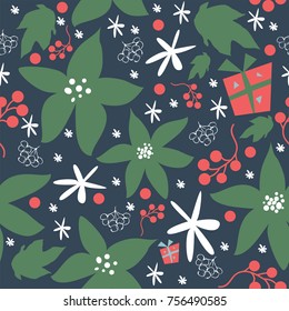 Cute Seamless Pattern with berries and plants. Great for Wall Art, t-shirts, cups, fabric, textile, gift wrapping, scrapbooks, etc. Vector Illustration.