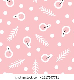 Cute seamless pattern with berries, snow and pine branches on sweet pink. Vector background for wallpaper, fabric, wrapping paper and another design