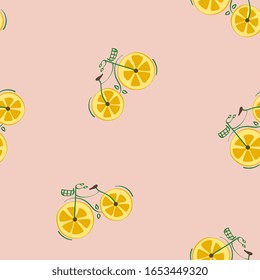 Cute seamless pattern with bicycle with lemon slices in the form of a wheel. Retro style