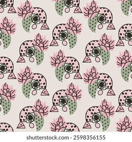 Cute seamless pattern with big eyed birds and flowers. Vector print, background, design element