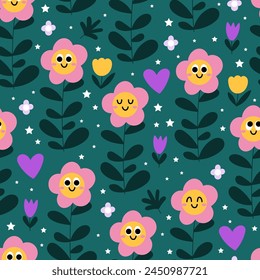 Cute seamless pattern with big flowers with smiling faces, hearts and stars on a green background. Vector illustration. Funny hand drawn nature pattern for kids.