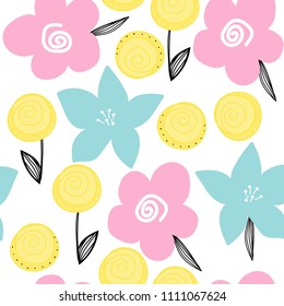 Cute seamless pattern with big pastel flower. Vector hand drawn illustration.