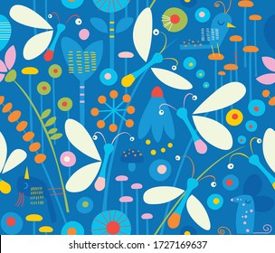 Cute seamless pattern of bioluminescent fireflies in grass at night surrounded by flowers, birds, plants and mice on dark blue background