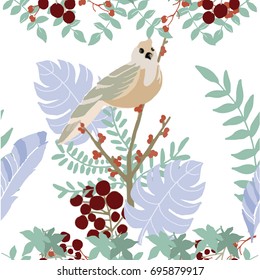 cute seamless pattern with bird and tropical background.

