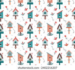 Cute seamless pattern with birds, bird houses, flowers, leaves for childrens texstiles, wallpapers. Cartoon flat Vector Illustration.