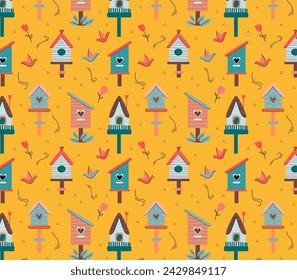 Cute seamless pattern with birds, bird houses, flowers, leaves for childrens texstiles, wallpapers. Cartoon flat Vector Illustration.