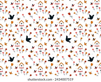 Cute seamless pattern with birds, bird houses, tulips,  leaves for childrens texstiles, wallpapers. Cartoon doodle  line flat Vector Illustration.