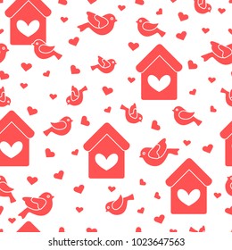 Cute seamless pattern with birds, birdhouses and hearts.Template for design, fabric, print. Greeting card Valentine's Day.