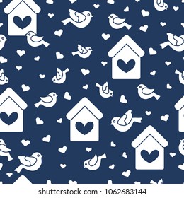 Cute seamless pattern with birds, birdhouses and hearts.Template for design, fabric, print. Greeting card Valentine's Day.