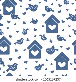 Cute seamless pattern with birds, birdhouses and hearts.Template for design, fabric, print. Greeting card Valentine's Day.