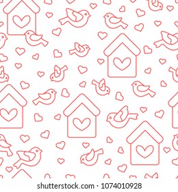 Cute seamless pattern with birds, birdhouses and hearts.Template for design, fabric, print. Greeting card Valentine's Day.