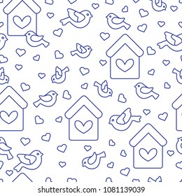 Cute seamless pattern with birds, birdhouses and hearts.Template for design, fabric, print. Greeting card Valentine's Day.