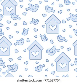 Cute seamless pattern with birds, birdhouses and hearts.Template for design, fabric, print. Greeting card Valentine's Day.