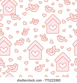 Cute seamless pattern with birds, birdhouses and hearts.Template for design, fabric, print. Greeting card Valentine's Day.