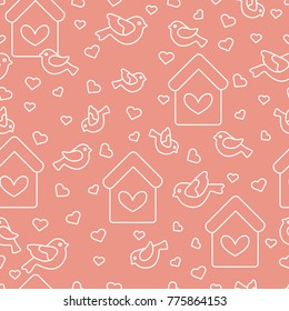 Cute seamless pattern with birds, birdhouses and hearts.Template for design, fabric, print. Greeting card Valentine's Day.