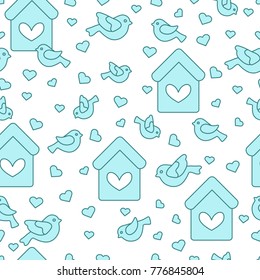 Cute seamless pattern with birds, birdhouses and hearts.Template for design, fabric, print. Greeting card Valentine's Day.