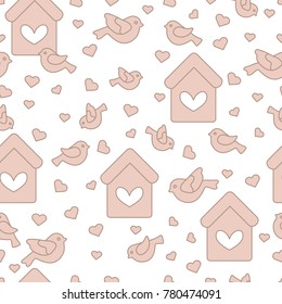 Cute seamless pattern with birds, birdhouses and hearts.Template for design, fabric, print. Greeting card Valentine's Day.