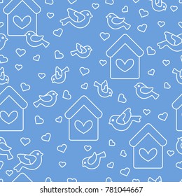 Cute seamless pattern with birds, birdhouses and hearts.Template for design, fabric, print. Greeting card Valentine's Day.